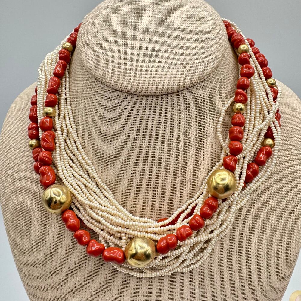 Vintage 80s Japan Multistrand Beaded Necklace Chic Runway Red Gold Cream Signed